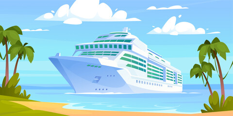 Cartoon vector illustration of a luxurious cruise ship sailing through calm waters with palm trees on a tropical beach. Cruise ship glides smoothly across pristine waters under a clear blue sky