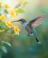 Fototapeta premium Hummingbird hovering near vibrant yellow flowers in a lush garden during daytime