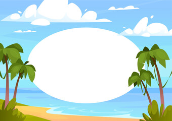Cartoon vector illustration of a serene beach landscape with palm trees, calm ocean, and bright sky. Perfect for summer-themed projects, invitations, or tropical vacation promotions.