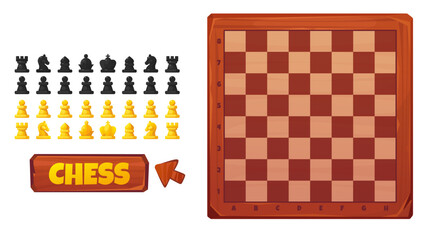 Cartoon vector illustration of a colorful chessboard setup with black and gold pieces ready for a classic game. Chessboard in a warm wooden frame with button isolated on white background for games, ui
