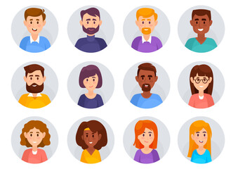 Cartoon vector illustration of diverse people avatar portraits. Set of user profile icon in round frames showing various expressions and hairstyles. User avatar for web site, application, game etc