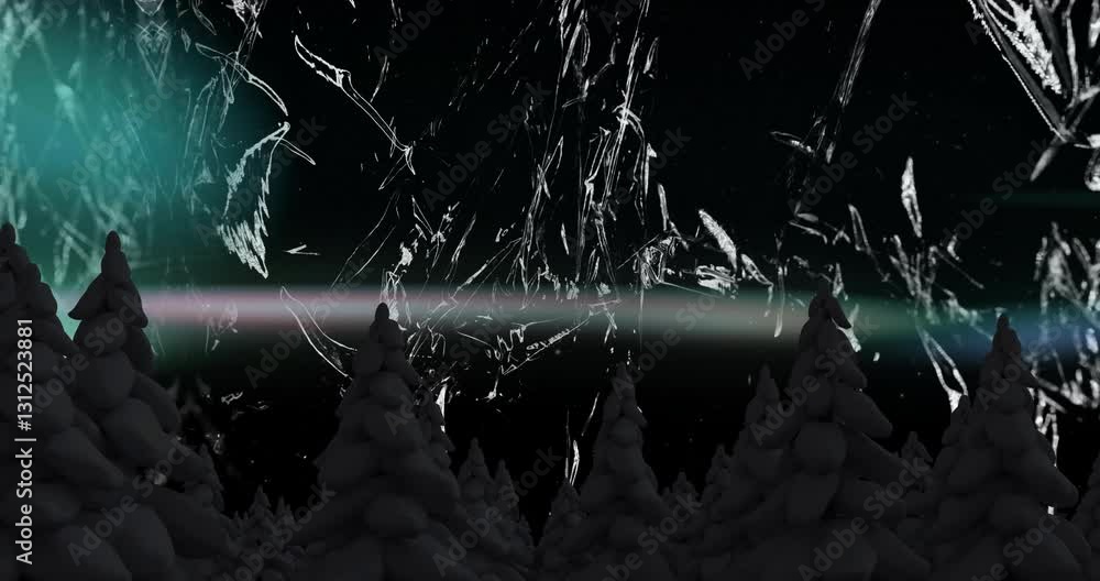 Poster snow-covered trees illuminated by abstract animation patterns in dark sky