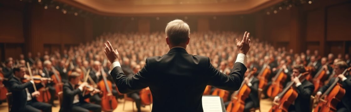 From behind orchestra conductor oversees musicians during stage performance. Skillful direction, commanding presence guides harmonious symphony. Expert ensures forte tune. Concert hall filled by