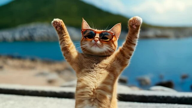Cool cat enjoying summer vibes by the beach with sunglasses and paws raised high in the air