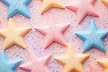 Golden star shaped Christmas cookies decorated for the holiday season on a red background