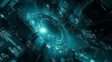 deep teal and blue abstract design with overlapping geometric patterns and glowing highlights, sleek and futuristic, high-tech and modern