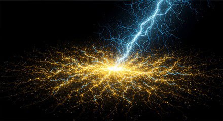 "Abstract digital art featuring vibrant electric bolts and dynamic energy waves against a dark background."