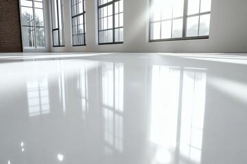 Obraz premium Sunlit Minimalist Interior with Polished Floor and Large Window Reflections