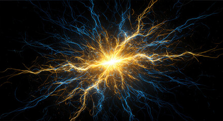 "Abstract digital art featuring vibrant electric bolts and dynamic energy waves against a dark background."