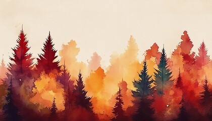 Watercolor Autumn Forest Silhouette Trees in Warm Hues, Landscape Painting, Autumnal Scenery Autumn landscape, watercolor painting