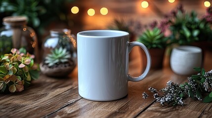 Blank Mug on Wooden Table with Plants