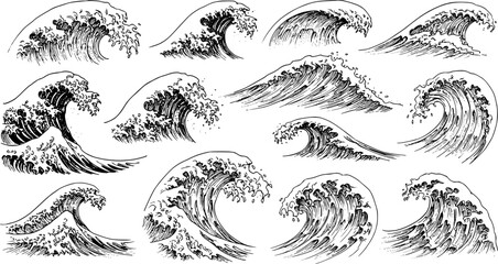 Asian japanese or chinese sea waves, vector oriental art. Vintage asian waves with ocean and sea water flow texture. Blue line splashes and tsunami surf with water swirls and ripples pattern