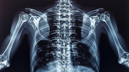 A detailed medical Xray image showing the full skeletal structure of a human torso with visible spine ribs and shoulder bones