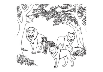 Animal Trio Vector Nature Scene with Big Cats Wolf 