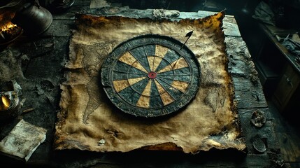 Fototapeta premium Vintage dartboard on aged map