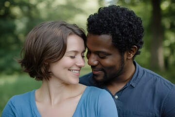 Fototapeta premium Eternal Connection: A tender moment shared between a loving couple in a park, showcasing the depth of their affection and connection, embraced by nature's serenity.