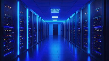 A futuristic data center with blue-lit server racks, symbolizing cloud computing, cybersecurity, and digital infrastructure. Ideal for IT, networking, and data storage solutions