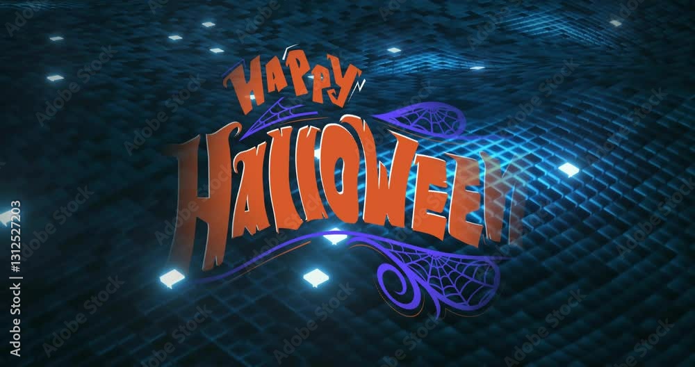 Poster animation of halloween text with spider web on blue digital grid background