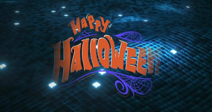 Animation of Halloween text with spider web on blue digital grid background