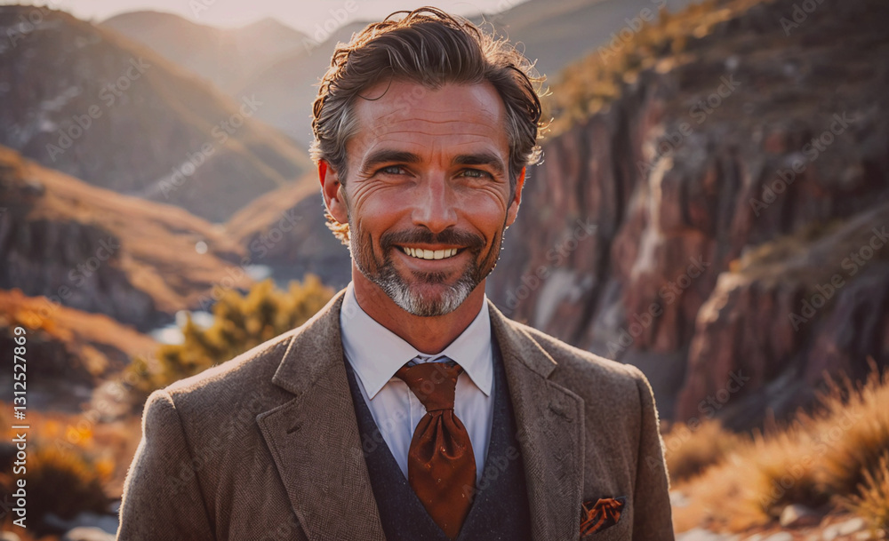 Poster man wearing a suit and tie is smiling in front of a mountain. concept of confidence and happiness