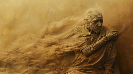 Aged Man Dissolving Into Sand Depicting Fragility and Transience of Life