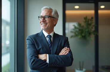 Mature investor portrait in office. Senior businessman in glasses, suit smiles looking at window with arms crossed. Confident broker, financial advisor, leader, coach. Success, expertise in business.