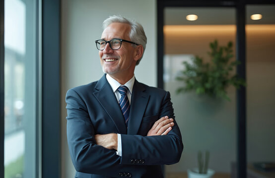 Mature investor portrait in office. Senior businessman in glasses, suit smiles looking at window with arms crossed. Confident broker, financial advisor, leader, coach. Success, expertise in business.