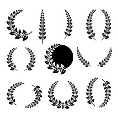 Black decorative laurel frame made of carved leaves and fruits. Botanical element for label, coat of arms, emblem in culinary or victory, packaging, card, invitation, corporate identity, competition