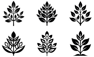 This image features six distinct, stylized tree silhouettes in black on a white background.