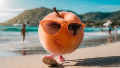 A peach with eyelashes and legs walking on the beach
