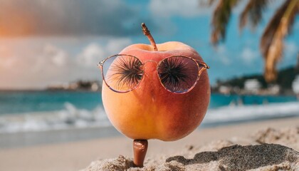 A peach with eyelashes and legs walking on the beach