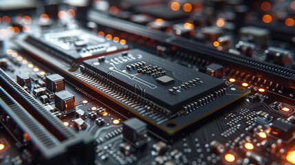 Obraz premium A detailed view of a complex computer circuit board with glowing components and intricate connections