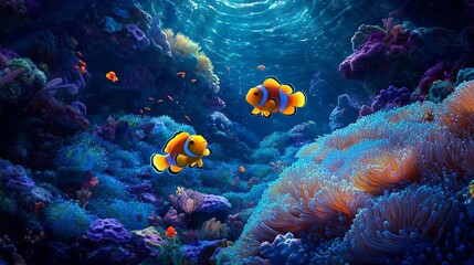 Obraz premium Two clownfish peer out from the depths of a vibrant blue anemone.