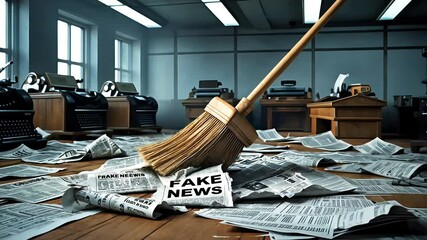 Sweeping fake news newspapers in an abandoned office filled with scattered documents
