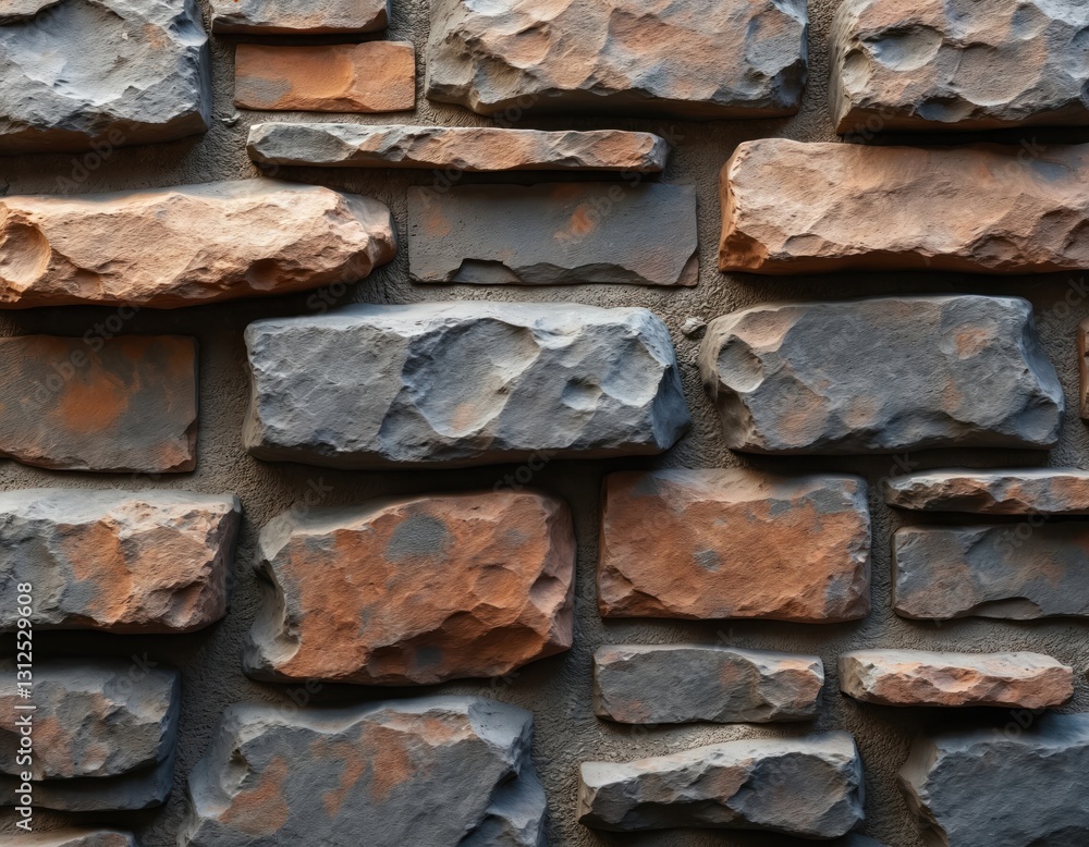 Poster rustic stone wall texture background with grey, brown, orange tones. layered pattern, natural materi