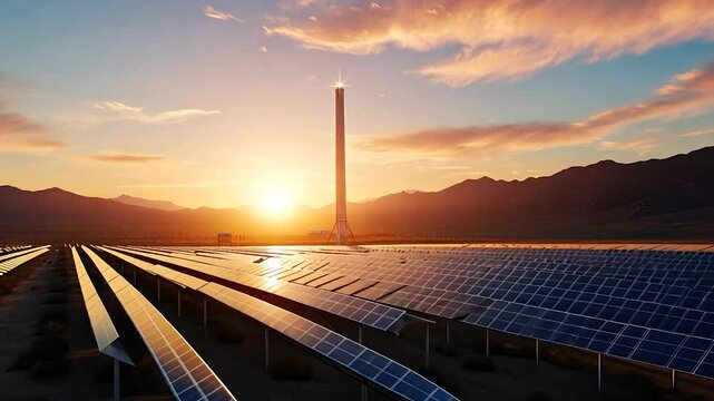 Solar power plant at sunset with solar panels reflecting golden light in the background