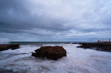 Storm on the ocean. Beautiful landscape of the seashore promenade at Rabat, Morocco.