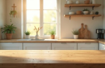 Empty wooden table top stands against blurred kitchen background, illuminated by sunlight through window. Kitchen plant pots, coffee machine, shelfs. Ready for product display, add food, drinks,