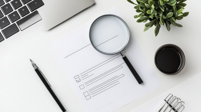 Office workspace featuring a magnifying glass, checklist, coffee cup, and green plant