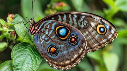Vibrant blue patterns adorn the wings of a tropical morpho butterfly. Its captivating designs resemble intricate abstract art.