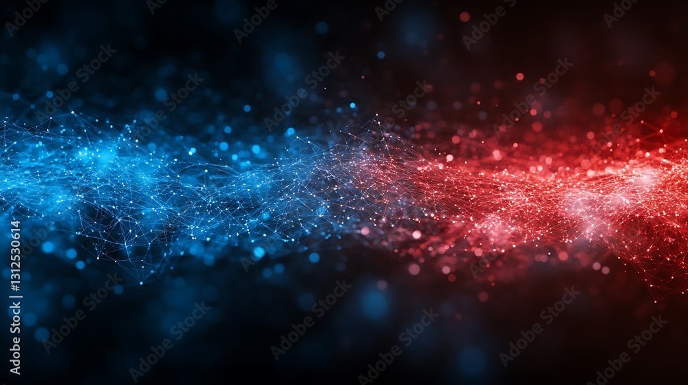 Poster interconnected data points in a vibrant red and blue technological space