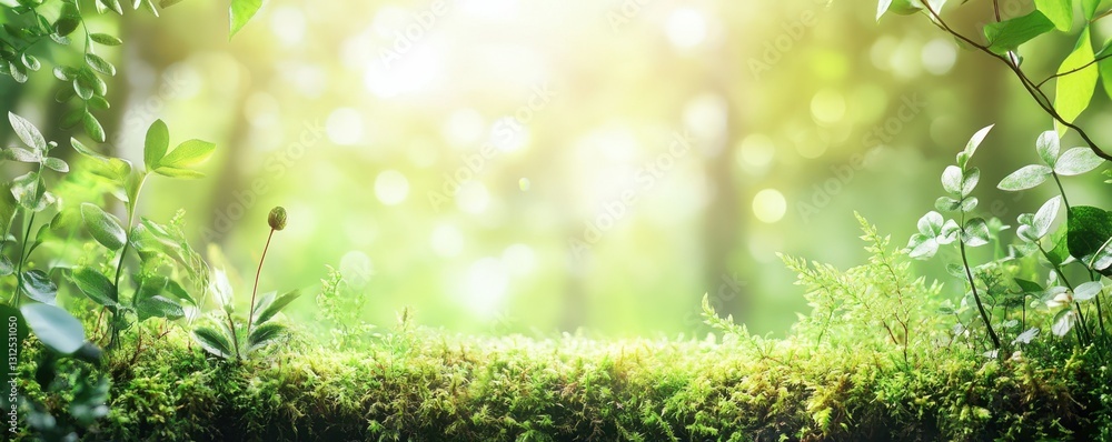 Poster green moss in a bright forest clearing. seasonal natur background with bokeh and short depth of fiel