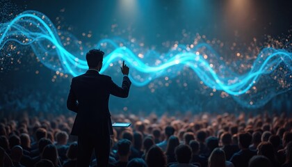 Rear view of man in suit before crowd. Futuristic blue digital transformation waves flow over audience. Orchestra conductor managing symphony of data. Tech conference concept. Seminar or concert.