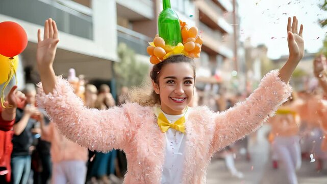 Carnival Celebration: Joyful Woman in Costume with Wine-Themed Headpiece cheers at parade