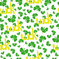 St. Patrick's Day symbols seamless pattern, clover leaves and good luck inscription on white background