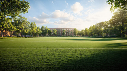 Naklejka premium University Campus Outdoor Sports Area with Vast Green Field, Perfect for Games, Tournaments, or Gatherings, Offering Ample Space for Text or Visual Elements