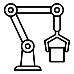 Minimalist outline icon of a robotic arm holding an object, symbolizing automation, industrial robotics, manufacturing technology, and smart factory systems.