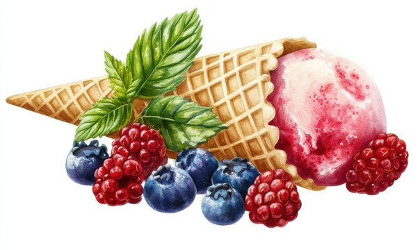 Ice Cream Cone With Berries and Mint Leaves