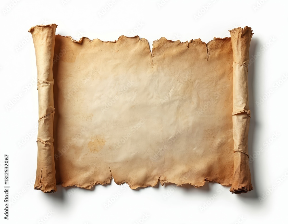 Poster Old paper sheet in horizontal parchment scroll isolated on white with shadow. Beige antique papyrus with torn edges. Mediaeval grunge treasure map background with copy space.