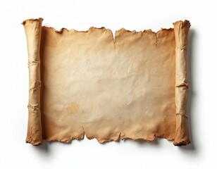 Old paper sheet in horizontal parchment scroll isolated on white with shadow. Beige antique papyrus with torn edges. Mediaeval grunge treasure map background with copy space.